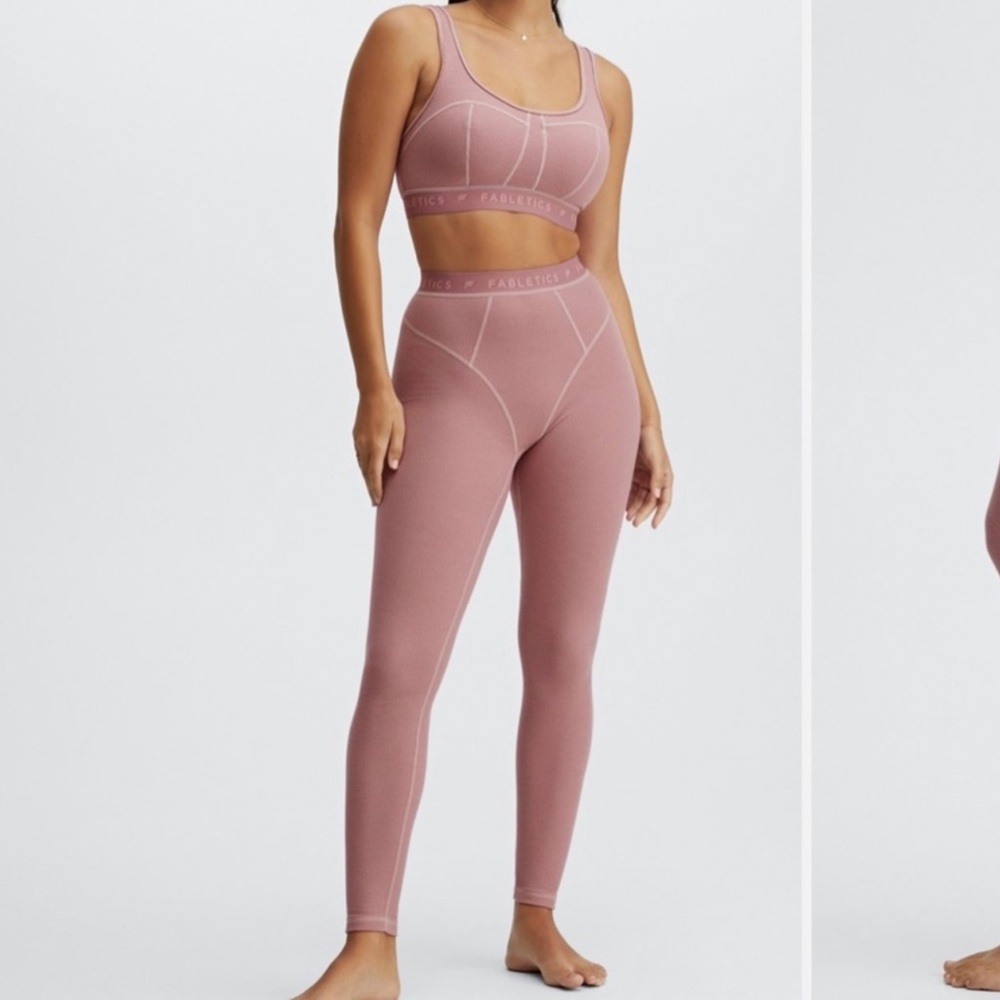 Fabletics Pink Waffle Style High Waisted Leggings (Sml) and Top (Med) Set